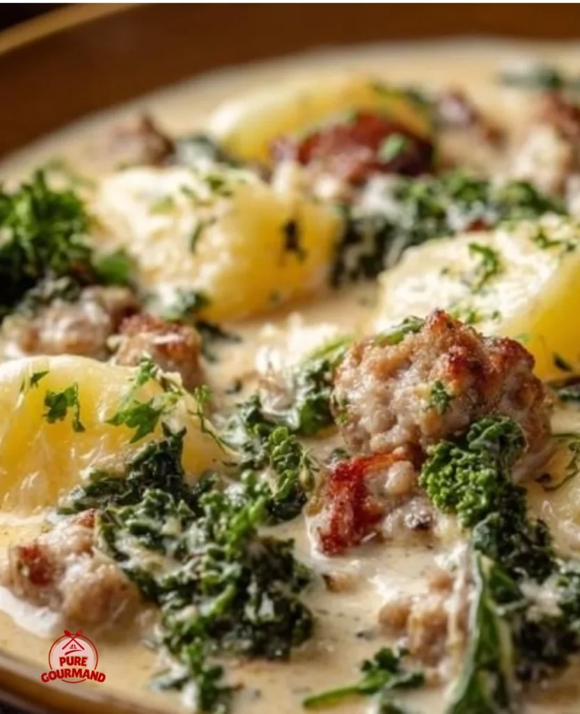 A bowl of cozy Zuppa Toscana soup with kale, sausage, and potatoes