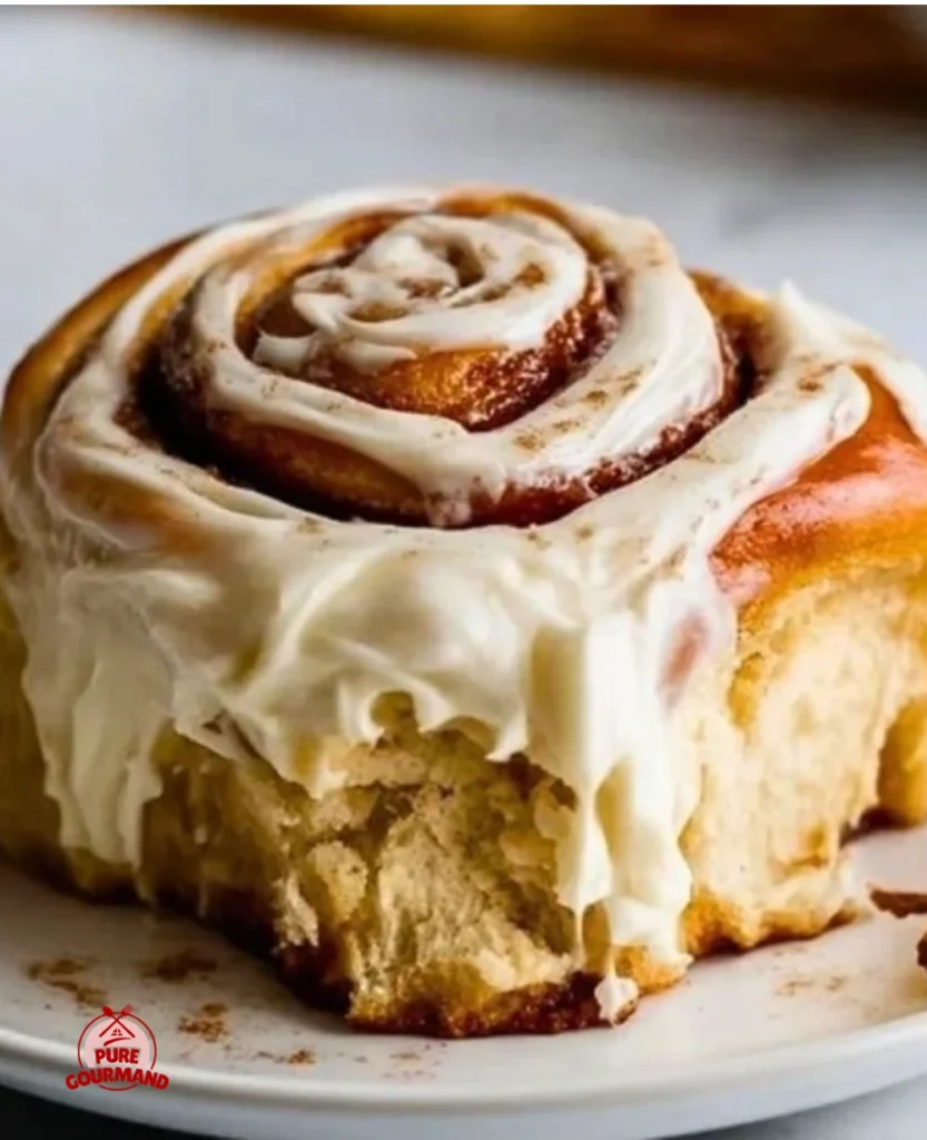 Cream cheese cinnamon roll frosting spread on freshly baked cinnamon rolls