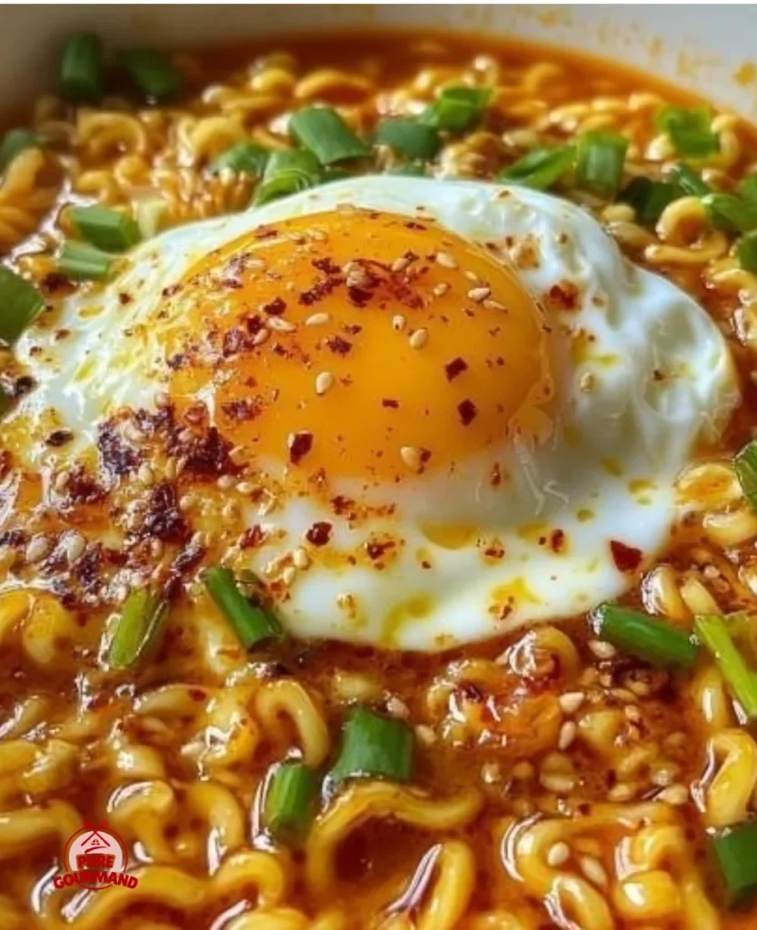 Creamy Buldak Ramen garnished with egg, a spicy and flavorful dish