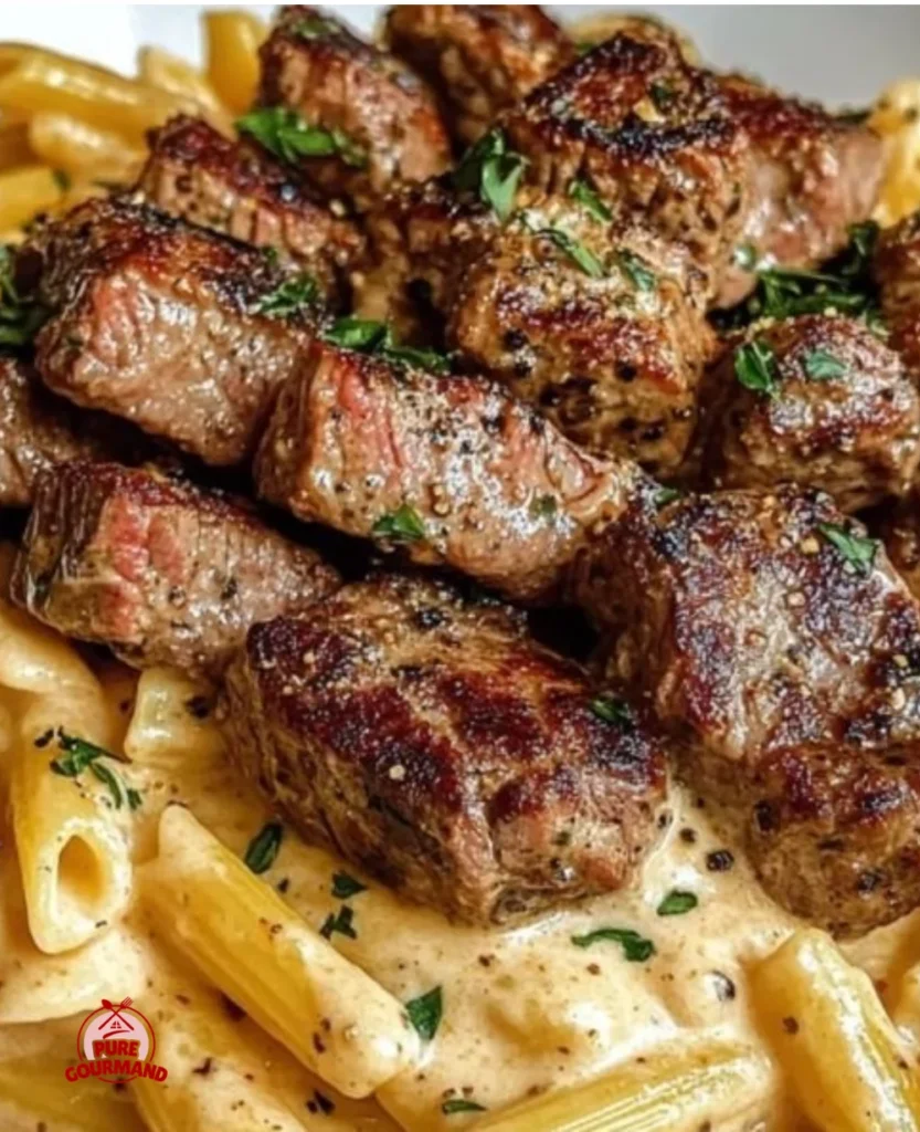 Creamy Cajun steak tips with penne in Parmesan sauce served in a cozy bowl