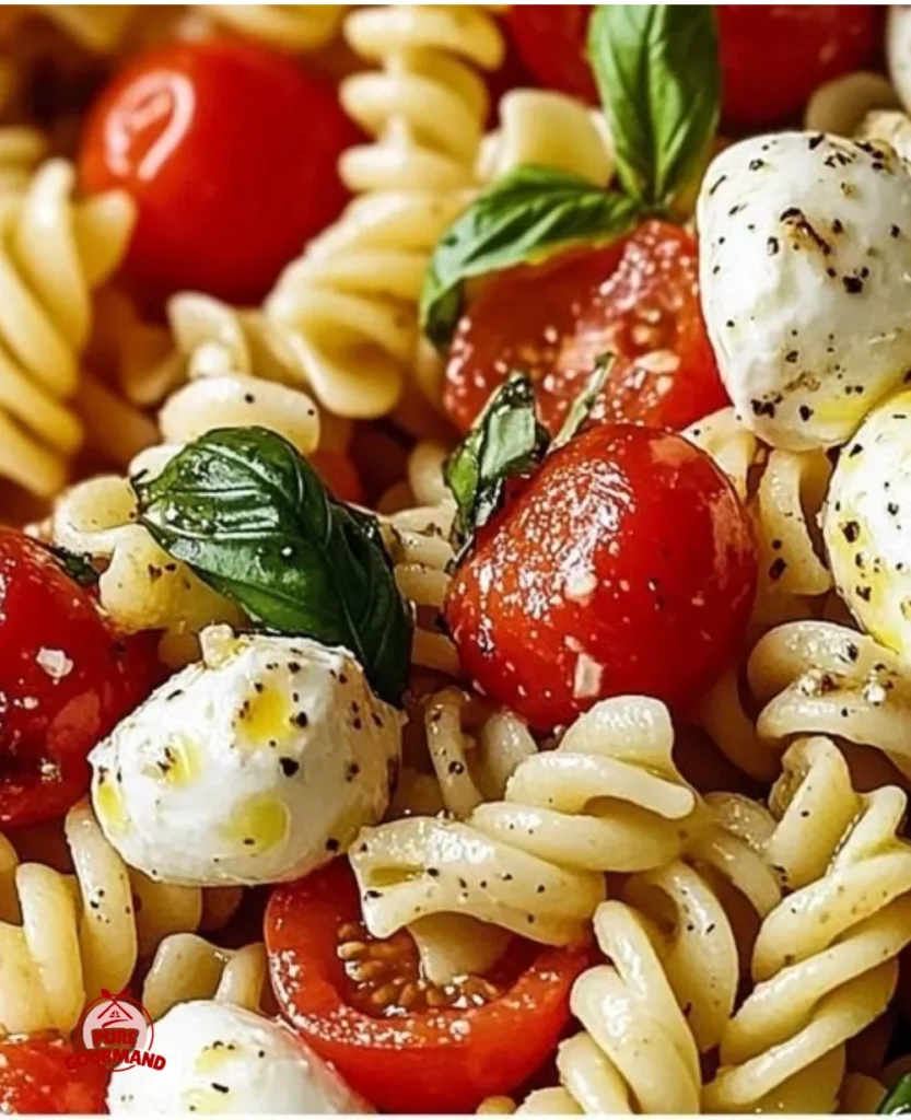 Creamy Caprese Pasta Salad with fresh tomatoes, mozzarella, and basil
