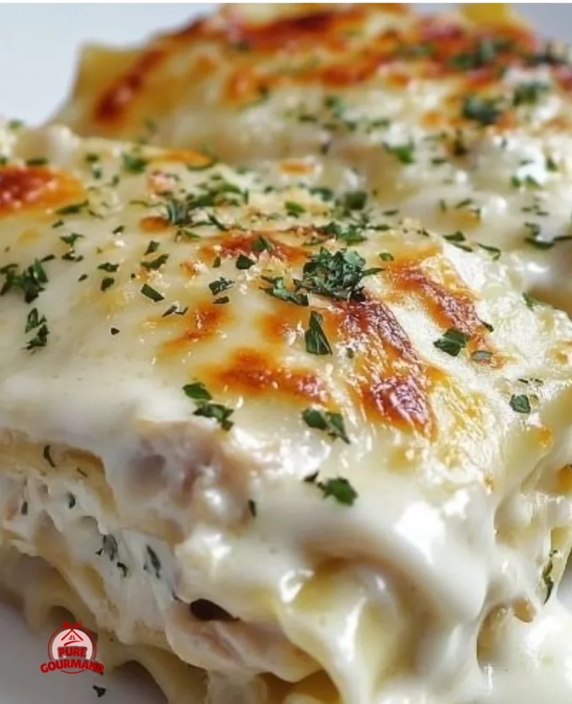 Creamy chicken alfredo lasagna rolls served on a plate, a cheesy dinner favorite.