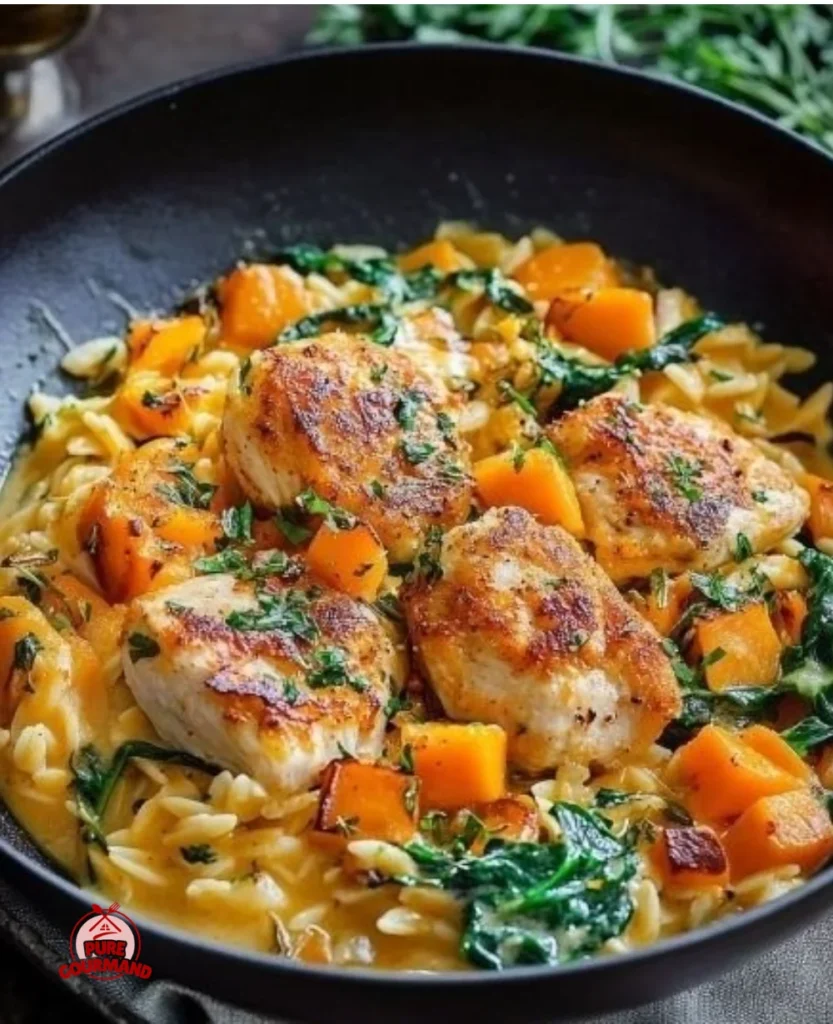 Creamy chicken orzo dish with butternut squash and spinach garnished with herbs.
