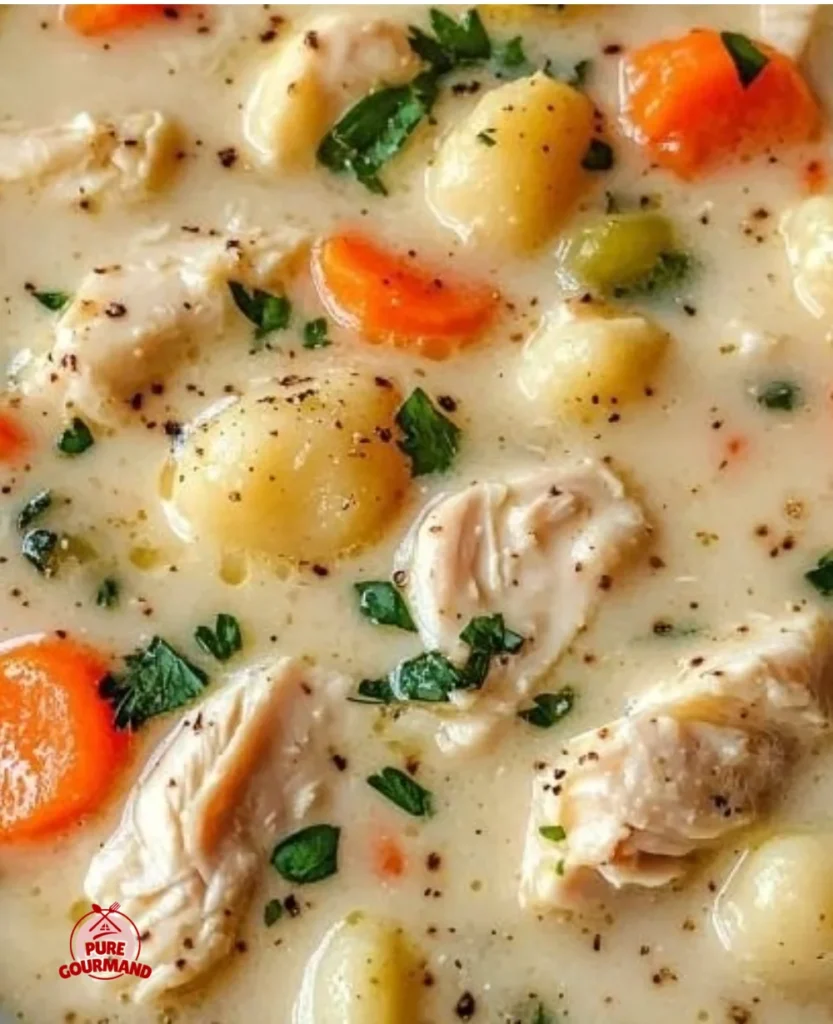 Bowl of creamy crockpot chicken gnocchi soup topped with herbs