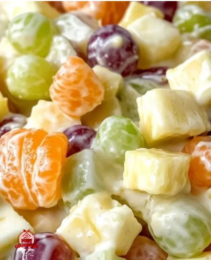Creamy delicatessen fruit salad in a bowl with fresh fruits
