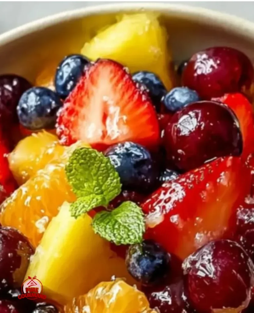 Creamy fruit salad with pudding mix topped with fresh fruits in a bowl