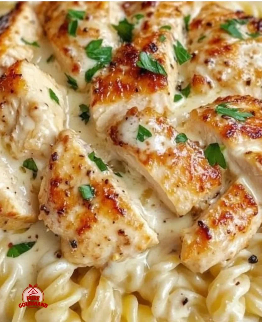 Creamy Garlic Butter Chicken served with rotini pasta