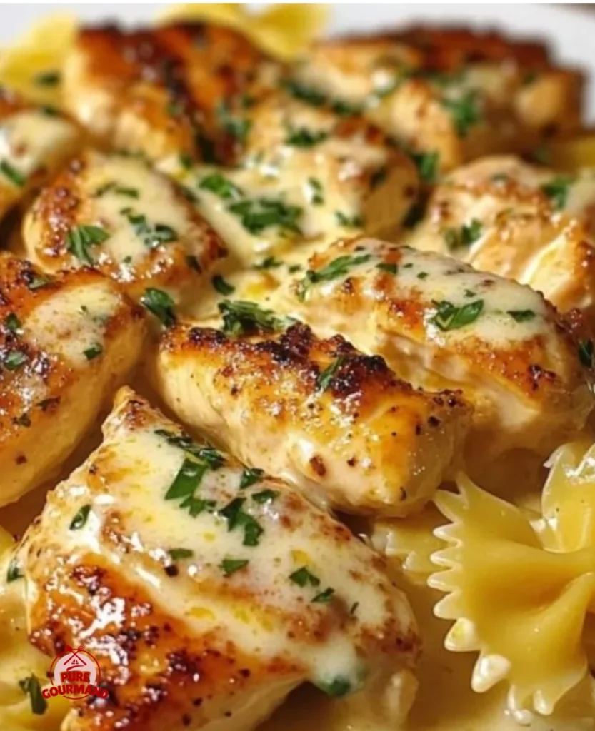 Creamy garlic butter chicken served with bowtie pasta for a cozy dinner