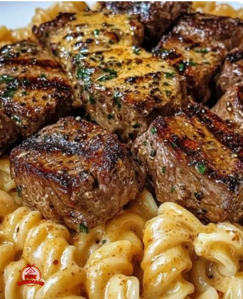 Creamy garlic butter steak bites with spicy Cajun Alfredo twisted pasta