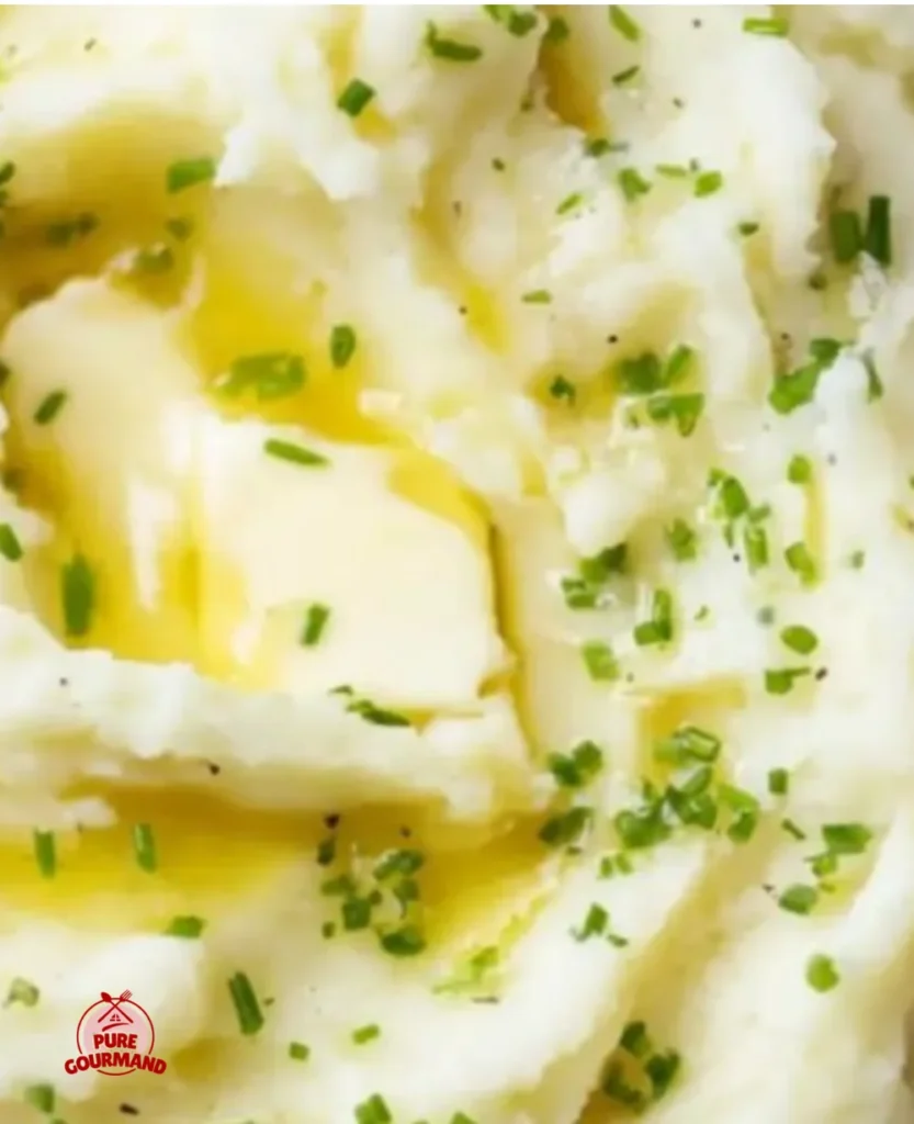 Plate of creamy garlic mashed potatoes topped with fresh herbs