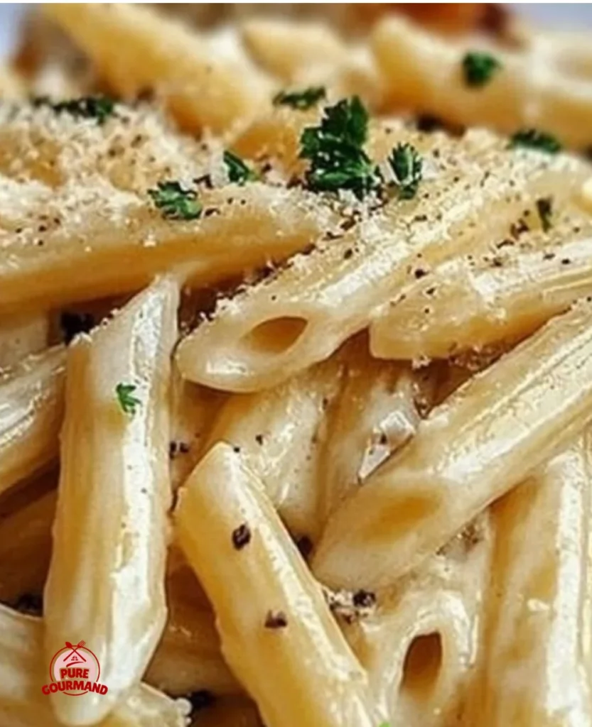 Delicious creamy garlic penne pasta served with herbs and cheese in a bowl.
