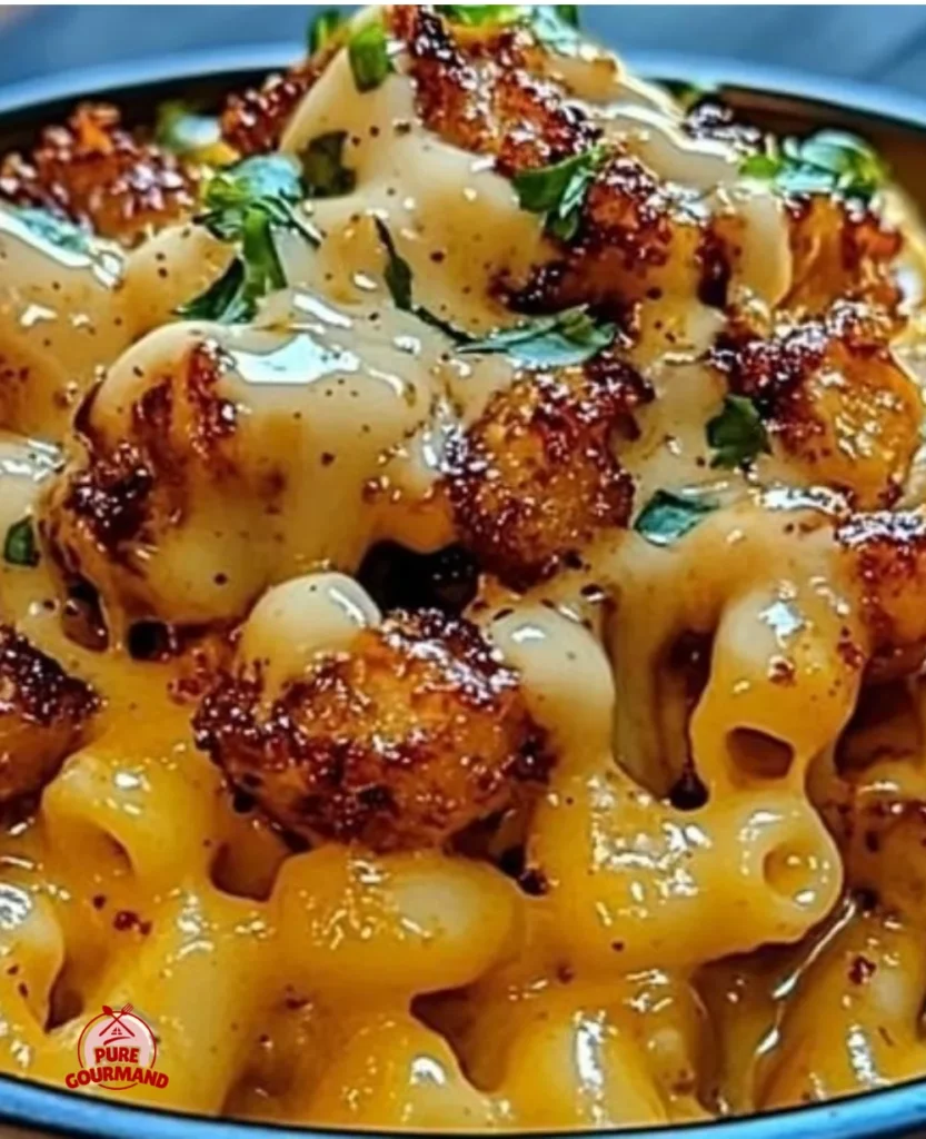 Creamy honey pepper chicken mac and cheese in a bowl, garnished with herbs.