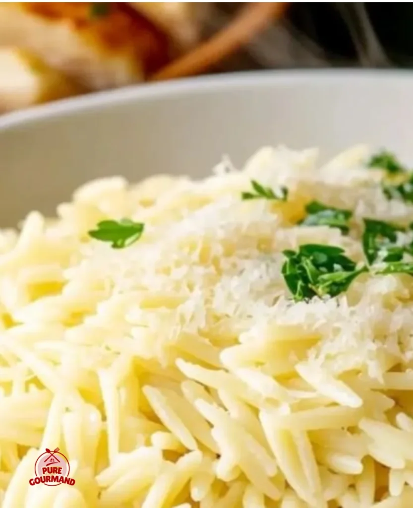 Creamy Parmesan Orzo dish garnished with herbs and cheese.