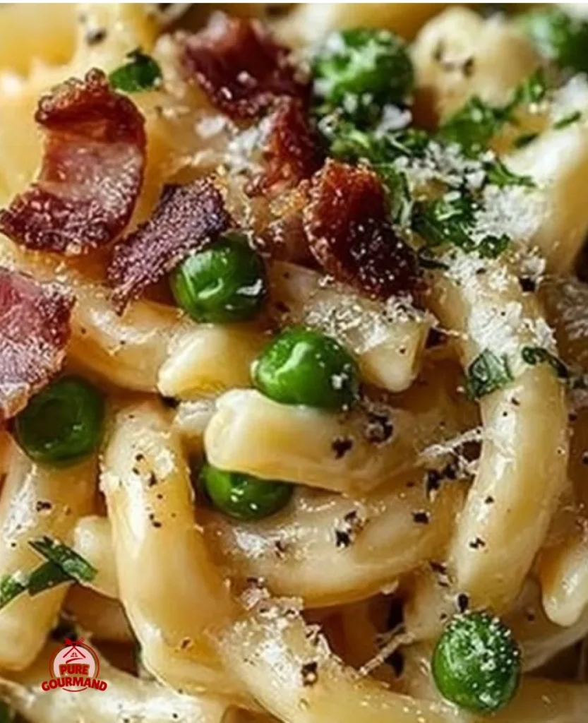 Creamy pasta dish with peas and pancetta served in a bowl