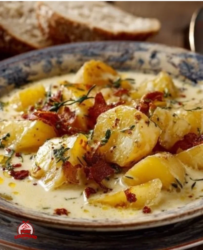 Creamy rustic potato soup with chunks of hearty potatoes and silky cream