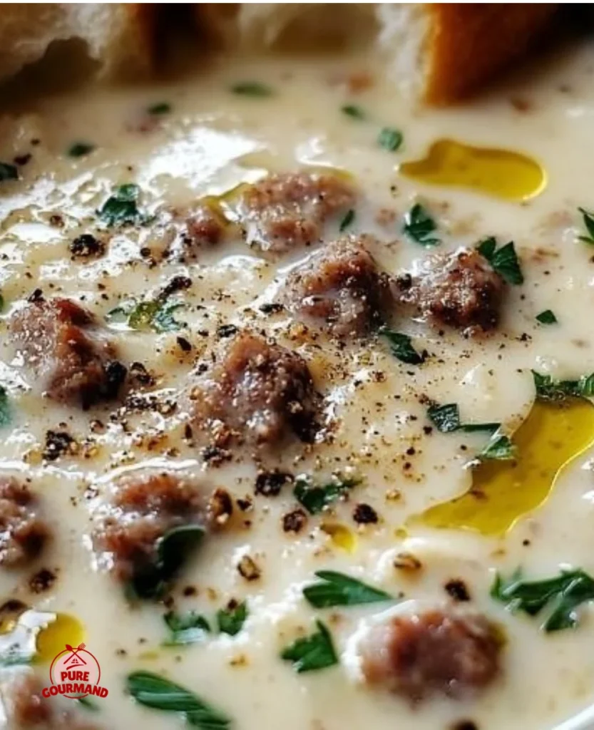 Bowl of creamy sausage soup with vegetables and herbs