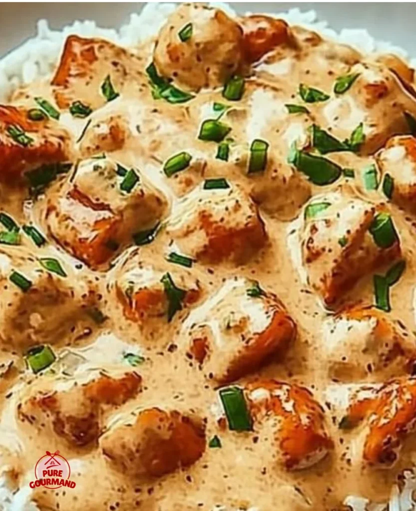 Creamy smothered chicken served over rice in a one-pan meal