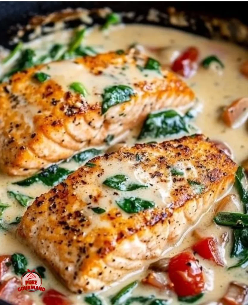 Creamy Tuscan salmon dish with vibrant ingredients and rich sauce