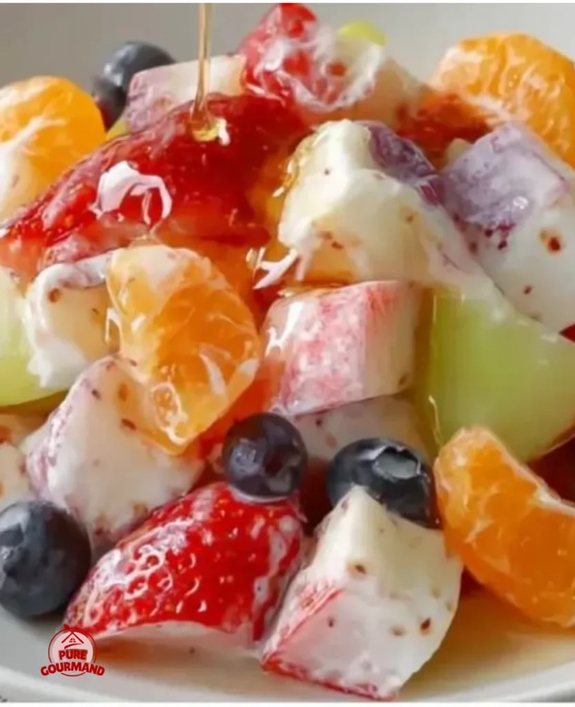 Creamy yogurt fruit salad with mixed fresh fruits