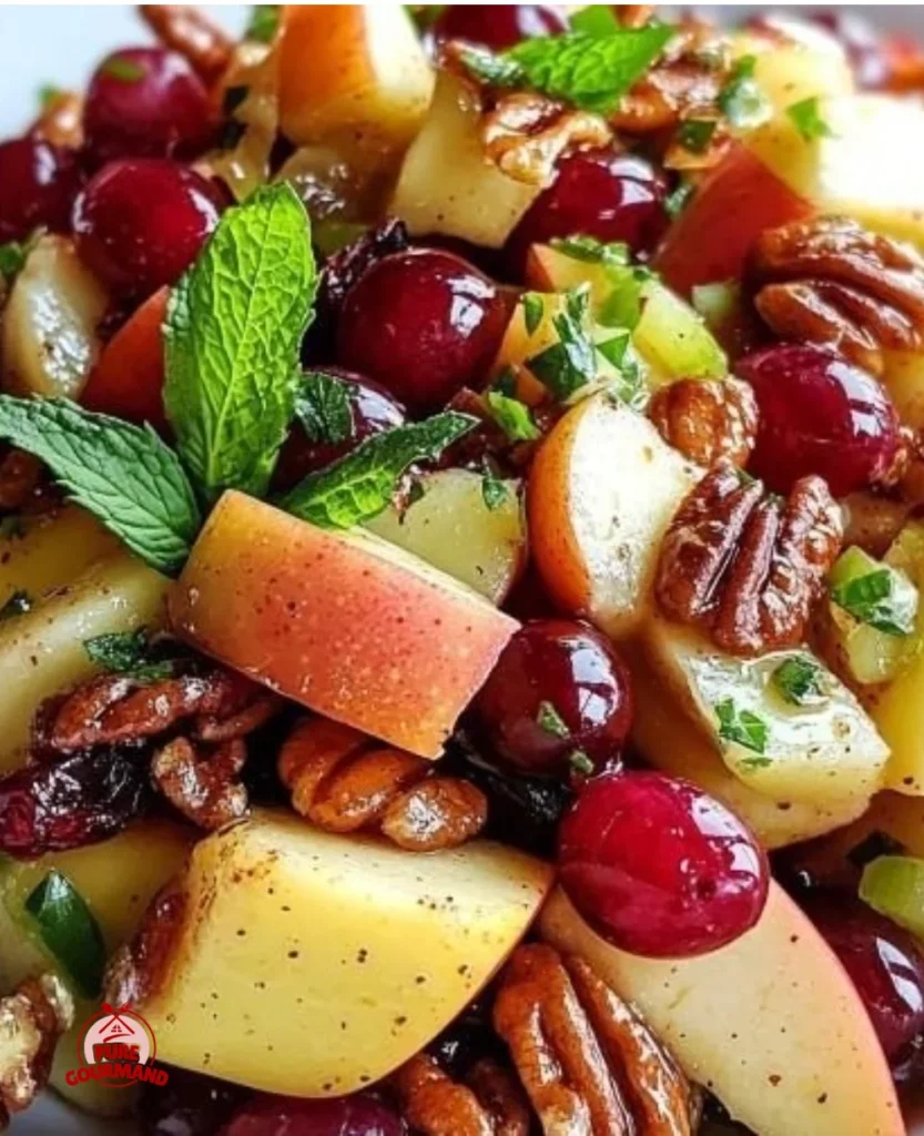 Crisp apple salad featuring grapes, pecans, and dried cranberries in a colorful bowl.