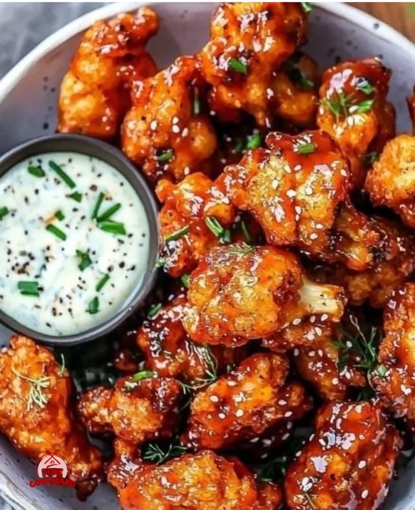 Crispy baked cauliflower buffalo wings served with dipping sauce on a plate