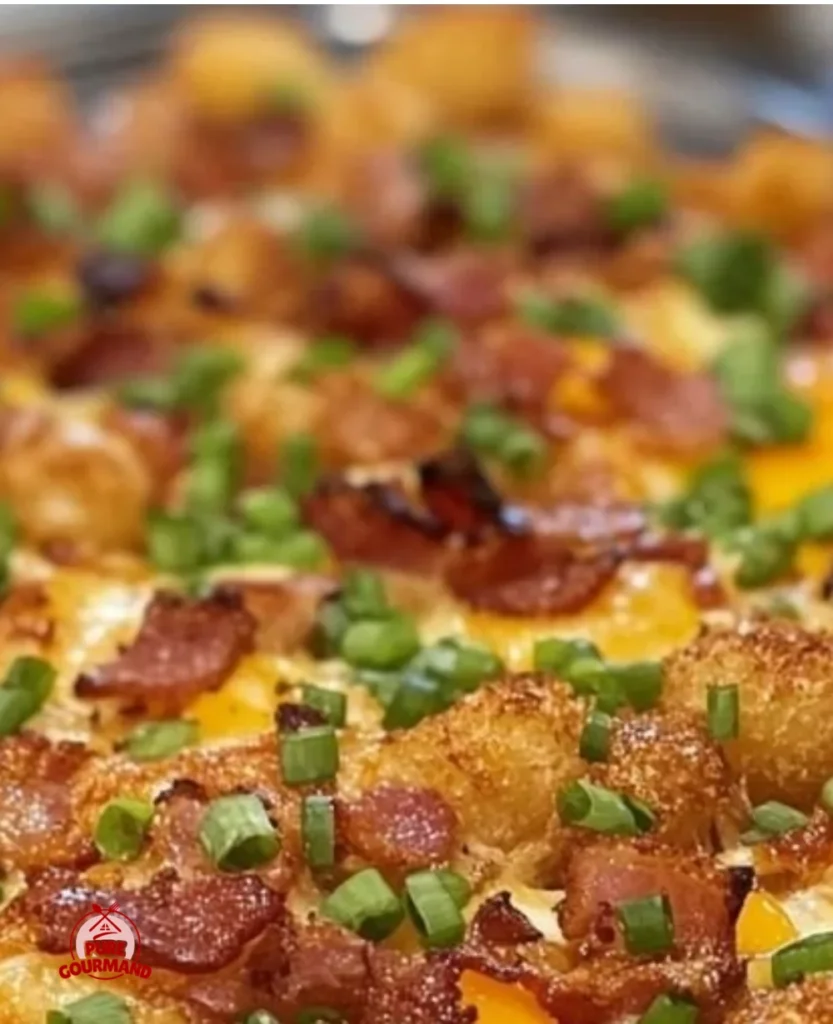 Bacon, Egg, and Tater Tot Casserole served in a baking dish
