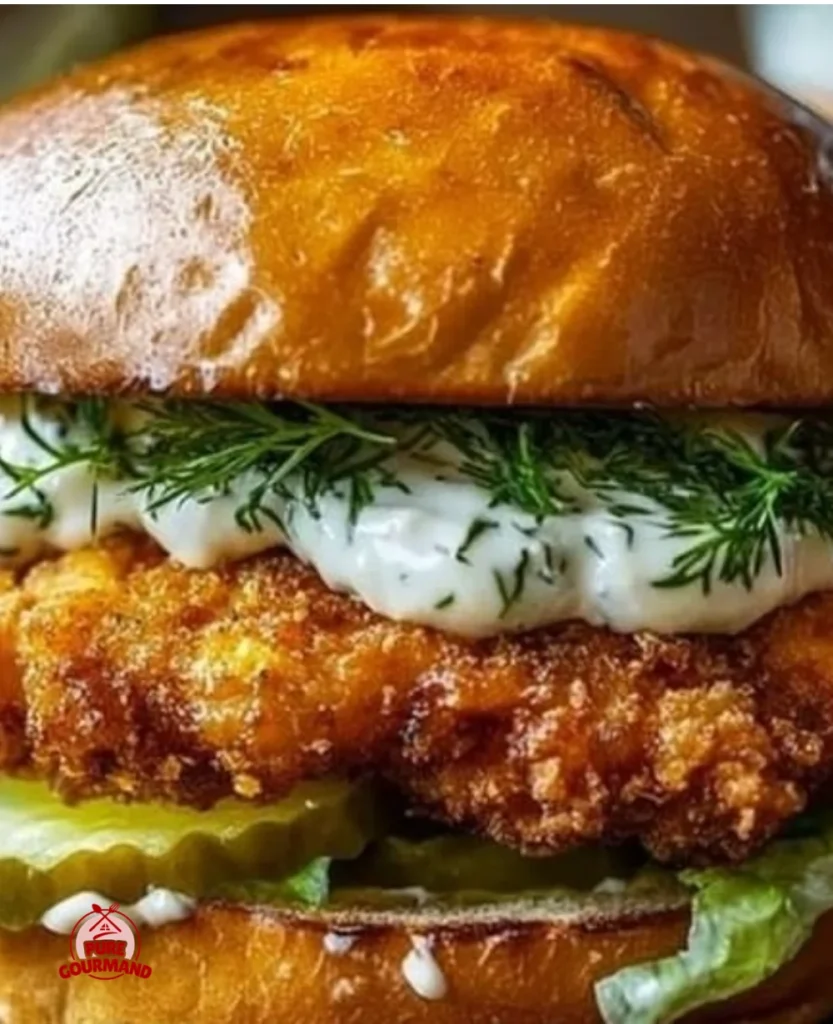 Crispy Dill Chicken Sandwich topped with homemade aioli and fresh garnishes.