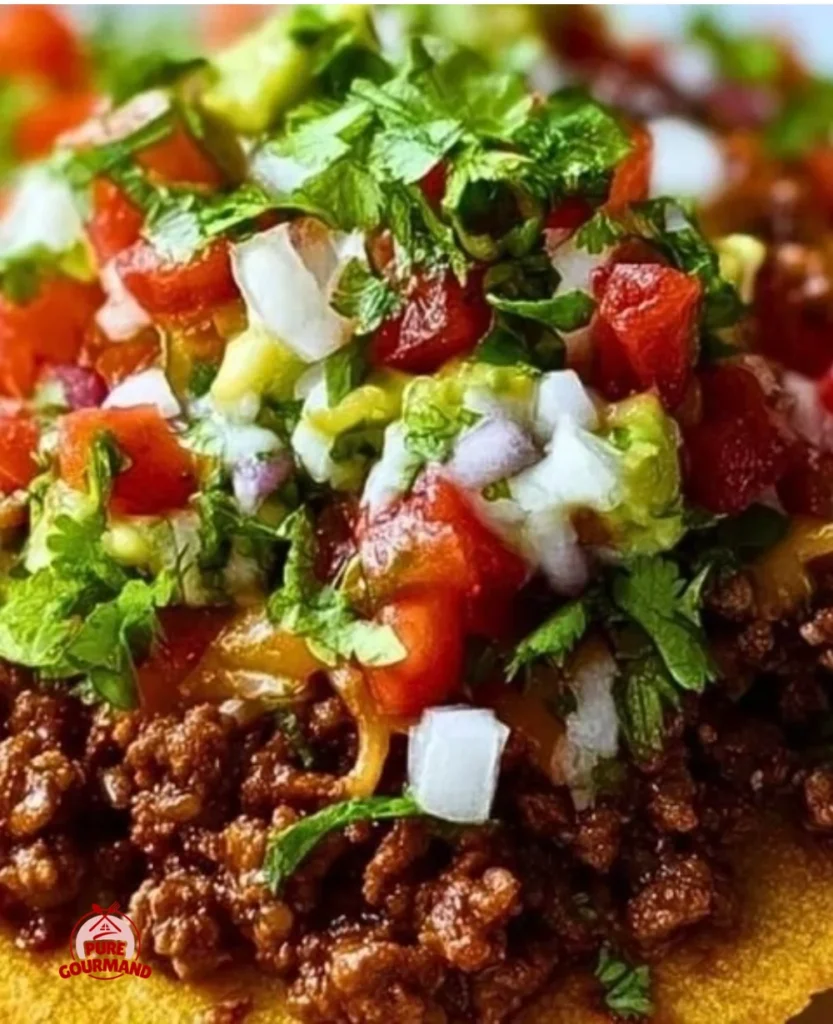 Delicious crispy ground beef tostadas topped with fresh ingredients and spices
