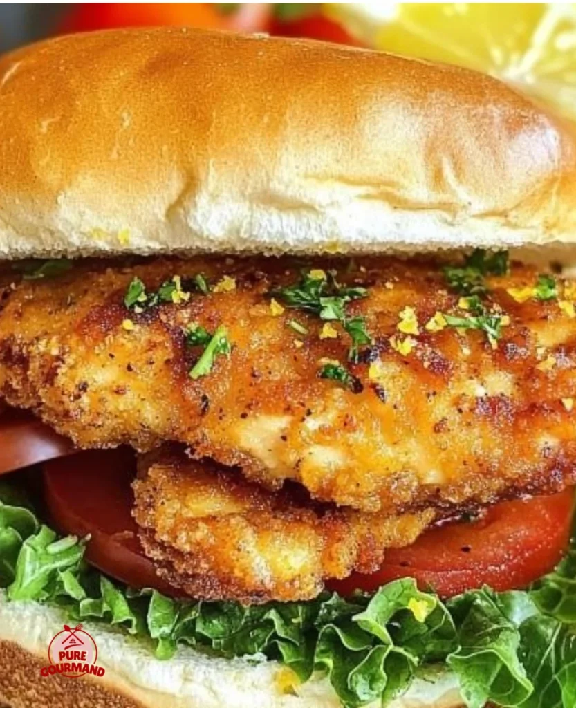 Crispy lemon pepper chicken sandwich on a toasted bun with fresh toppings