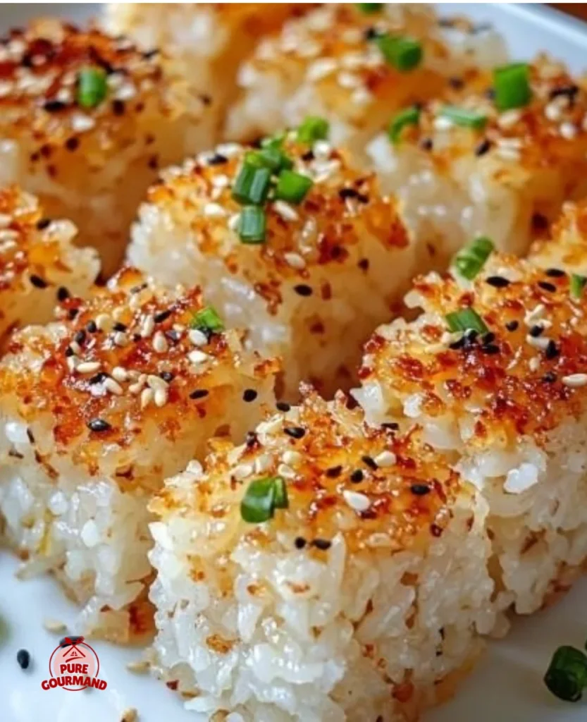 Plate of delicious crispy rice with vibrant toppings and garnishes