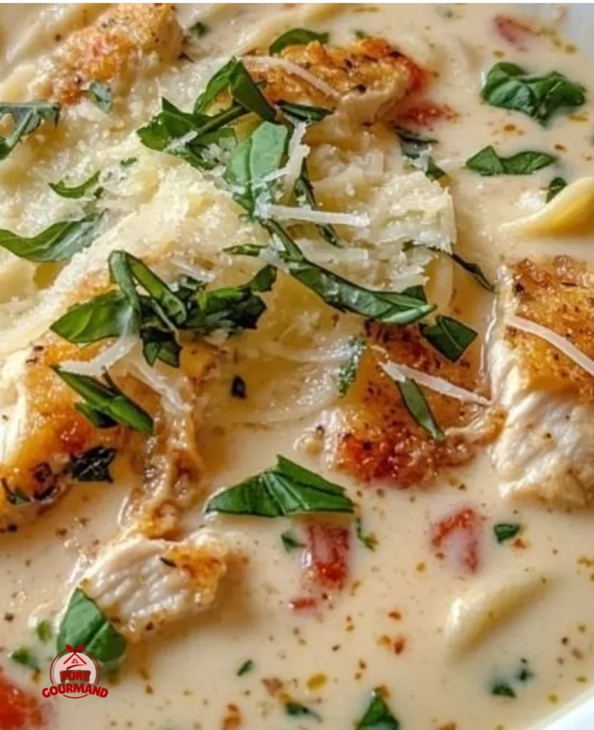 Delicious bowl of crock pot creamy chicken parmesan soup with cheese and herbs