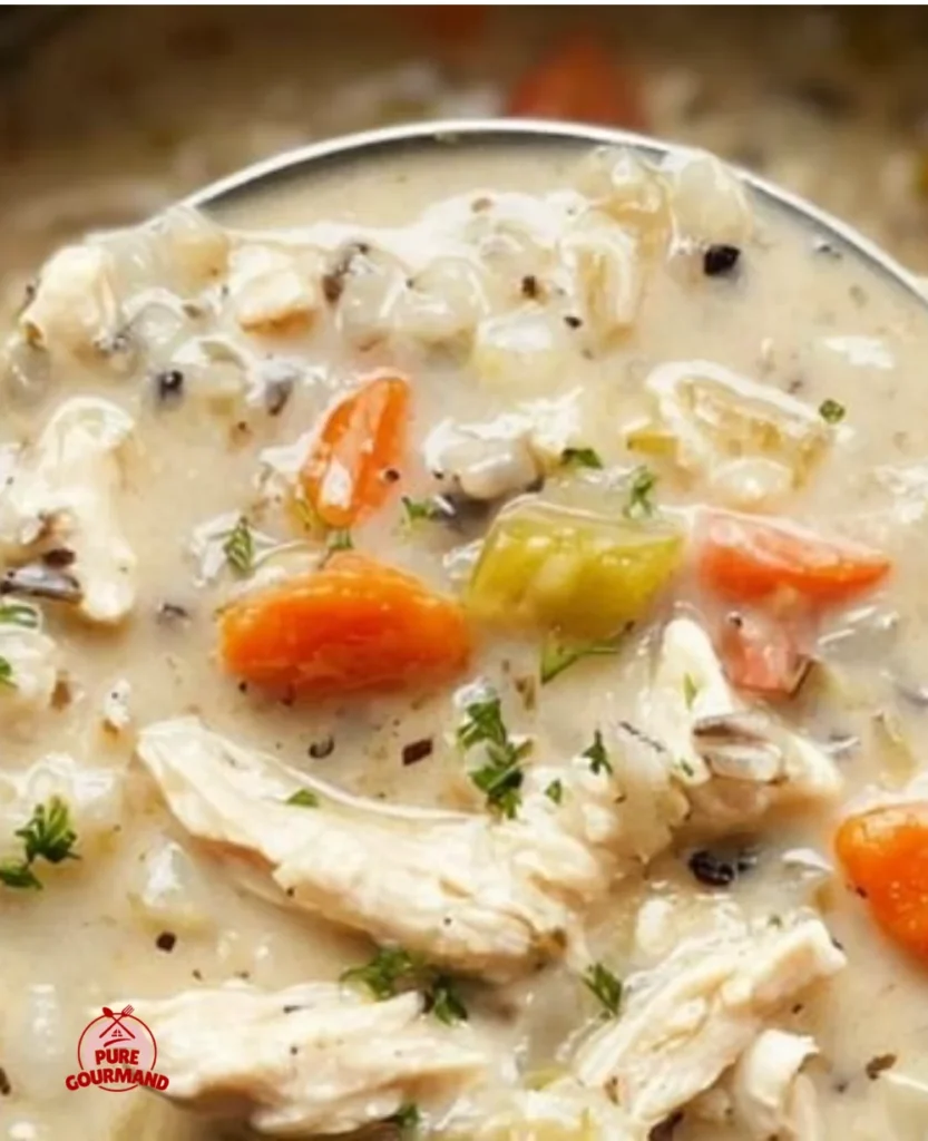 Crockpot Chicken Wild Rice Soup served in a bowl with fresh herbs