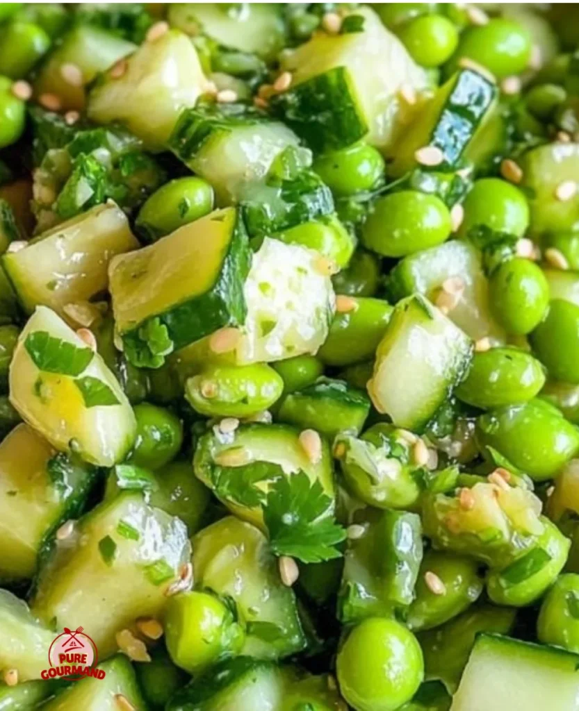 Delicious Cucumber Edamame Salad with fresh vegetables and a light dressing.