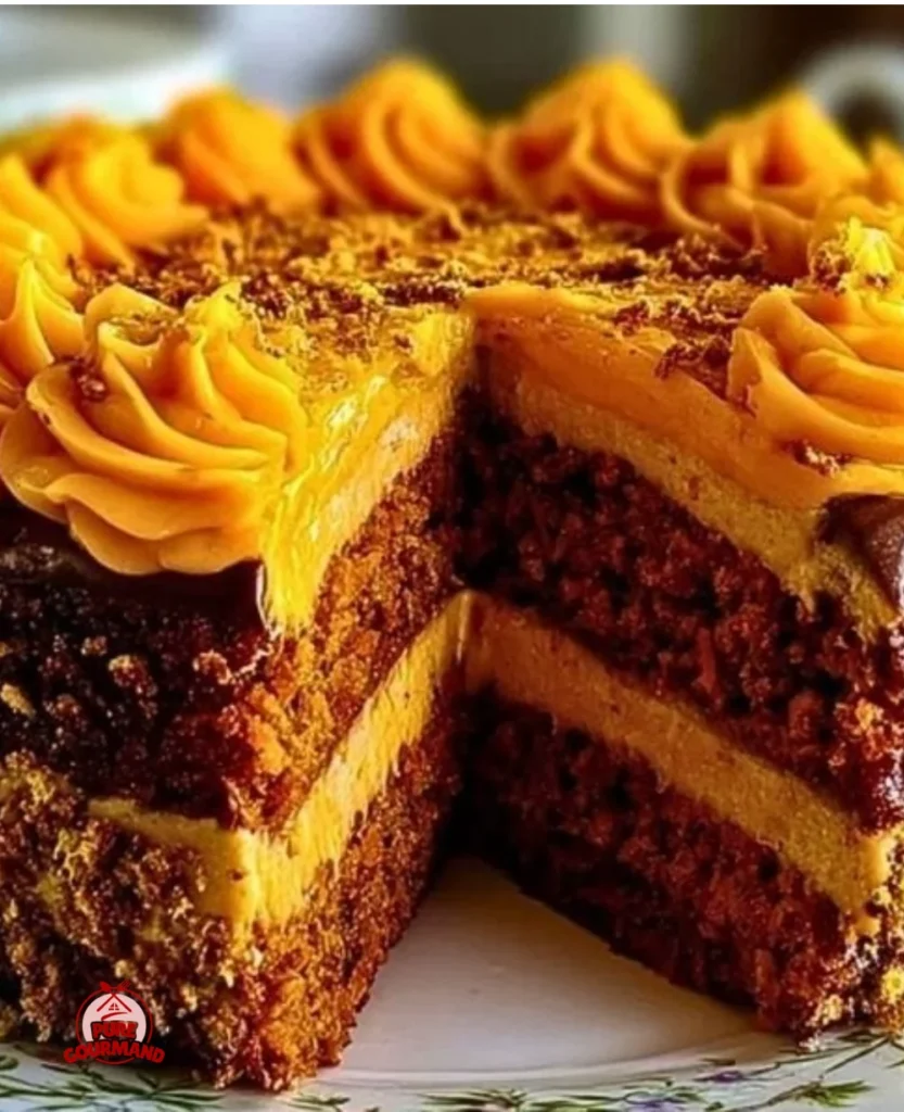 Slice of decadent Brazilian carrot cake with creamy chocolate and carrot frosting