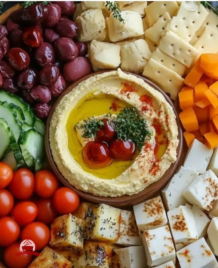 A vibrant Greek hummus platter featuring hummus, olives, and fresh vegetables.