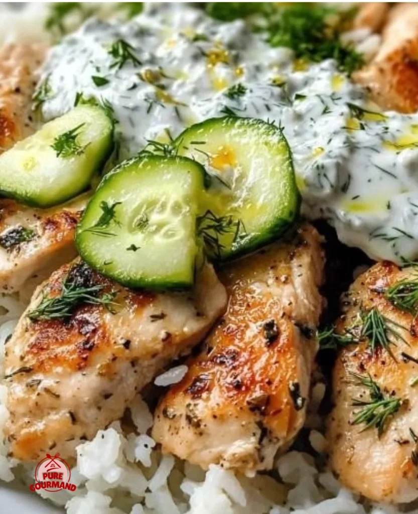 Dump-and-Bake Chicken Tzatziki Rice in a skillet with vibrant ingredients