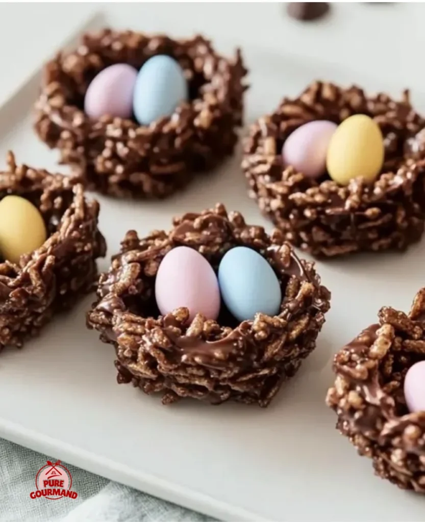 Easter Birds Nest Cookies decorated with candy eggs and chocolate on a plate.