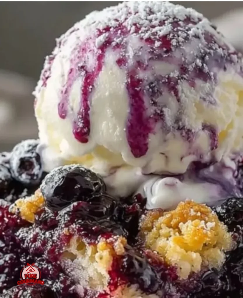 Delicious easy blueberry dump cake ready to serve with fresh blueberries