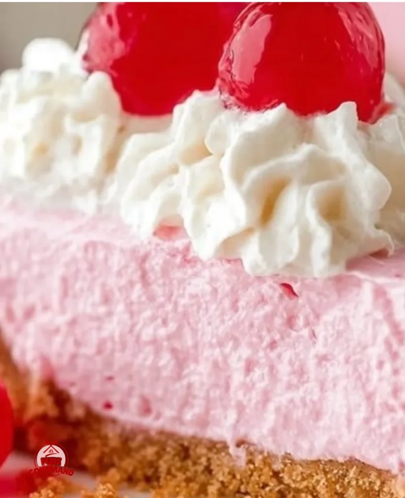 Slice of easy Cherry Kool Aid Pie served on a plate with cherries on top