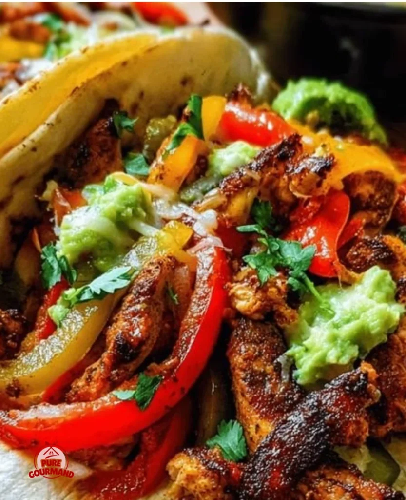 Plate of easy chicken fajitas with colorful peppers and onions