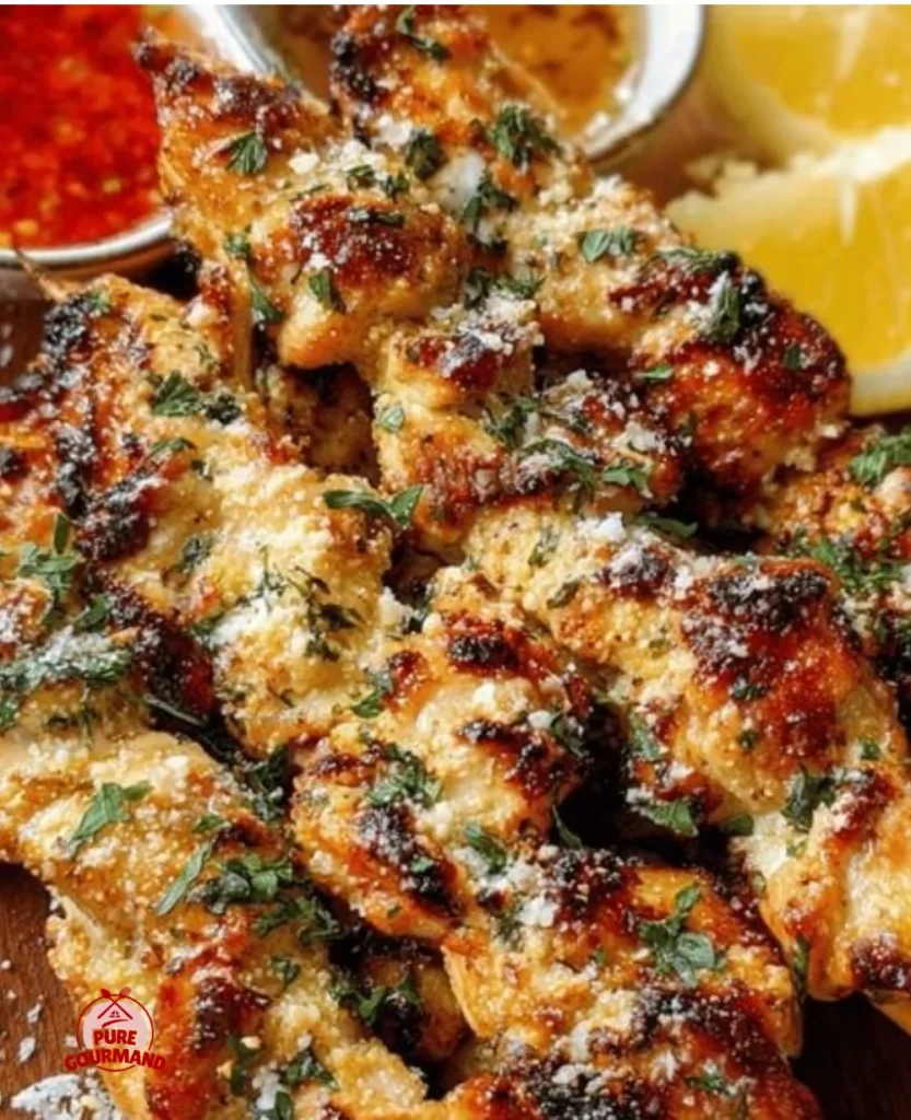 Easy garlic parmesan chicken skewers ready to be grilled or served.
