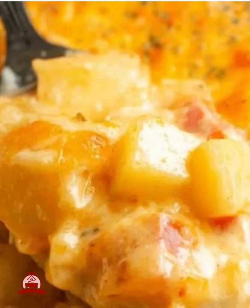 Delicious easy ham and potato casserole served in a baking dish