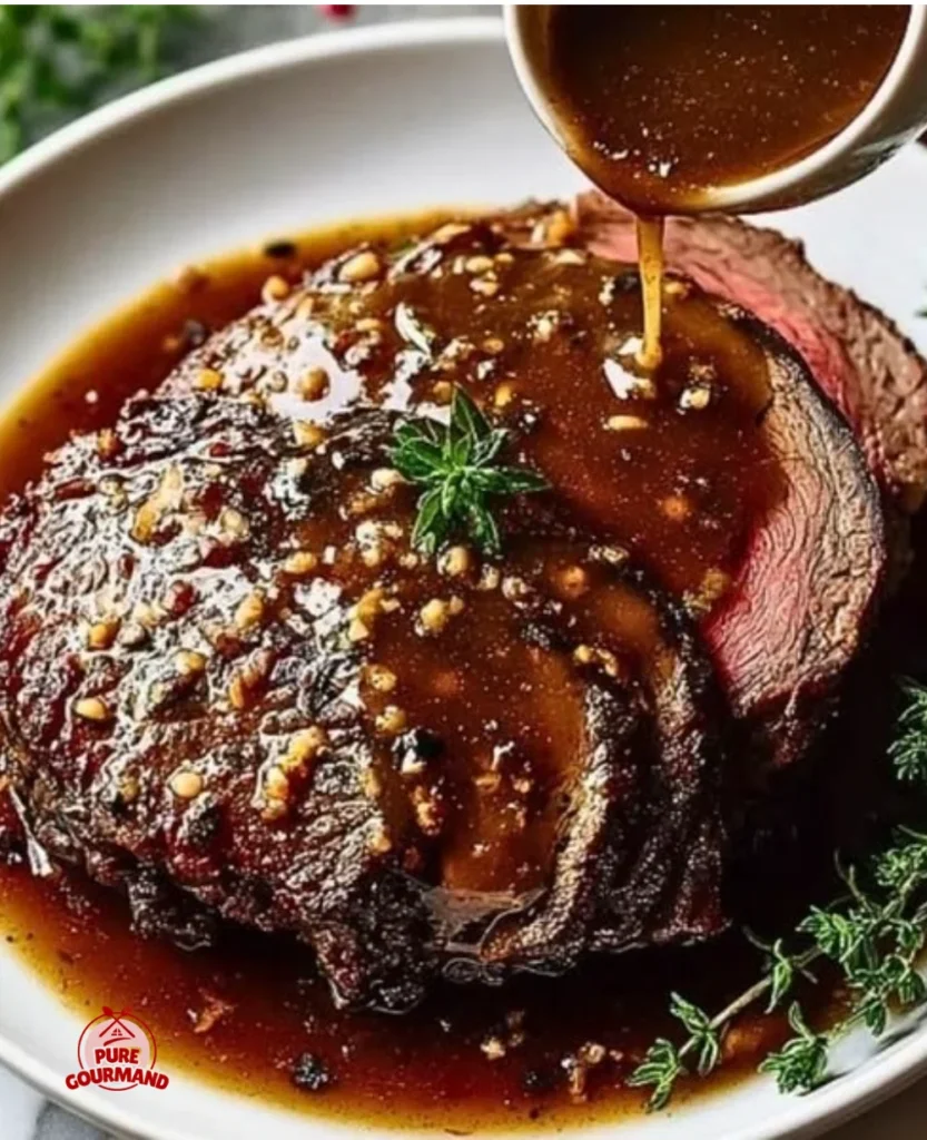 Delicious prime rib au jus served with a juicy roast on a rustic table.