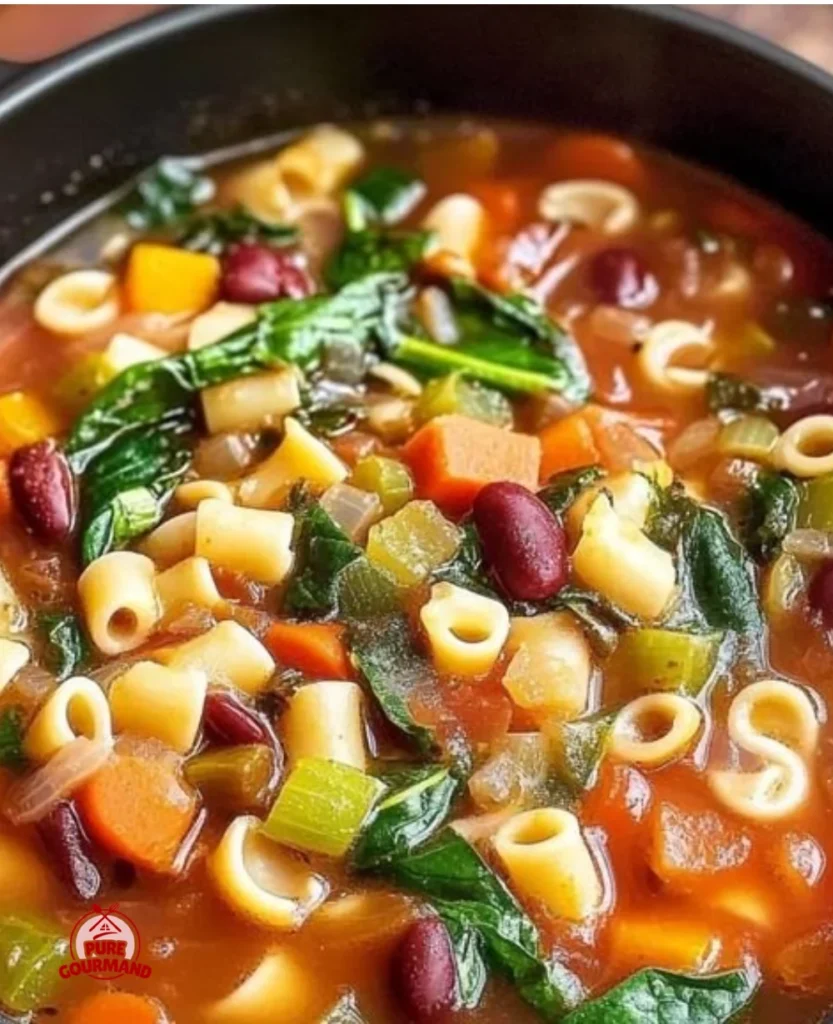 A bowl of hearty minestrone soup filled with vegetables and pasta.
