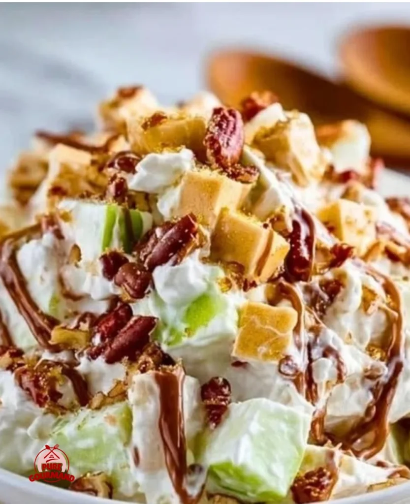 Bowl of Easy Snicker Apple Salad with apples, caramel, and Snickers bars