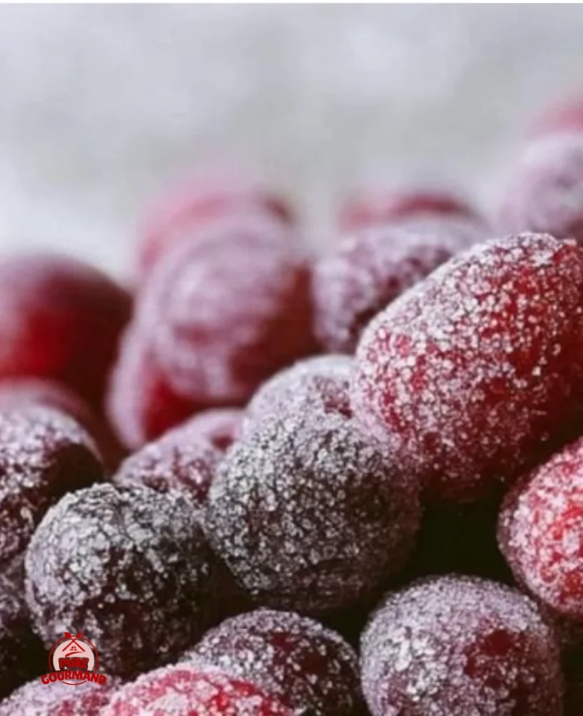 Bowl of sparkling sugared cranberries for a festive treat