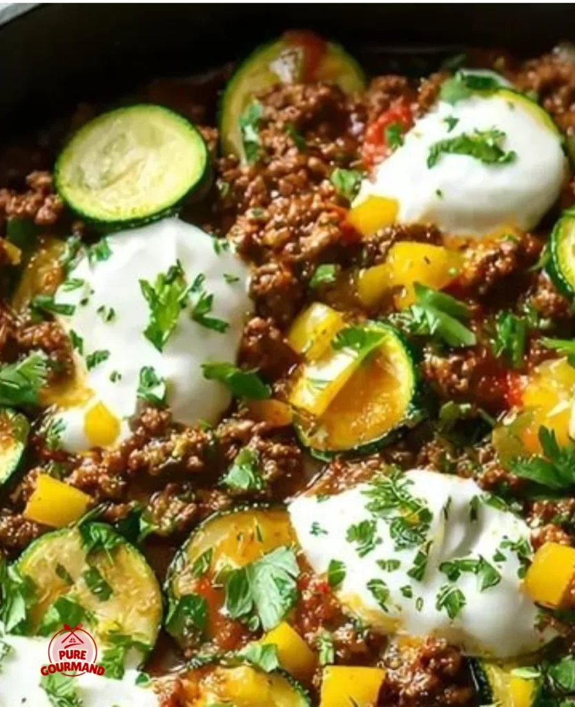 Easy zucchini and ground beef skillet prepared in a pan