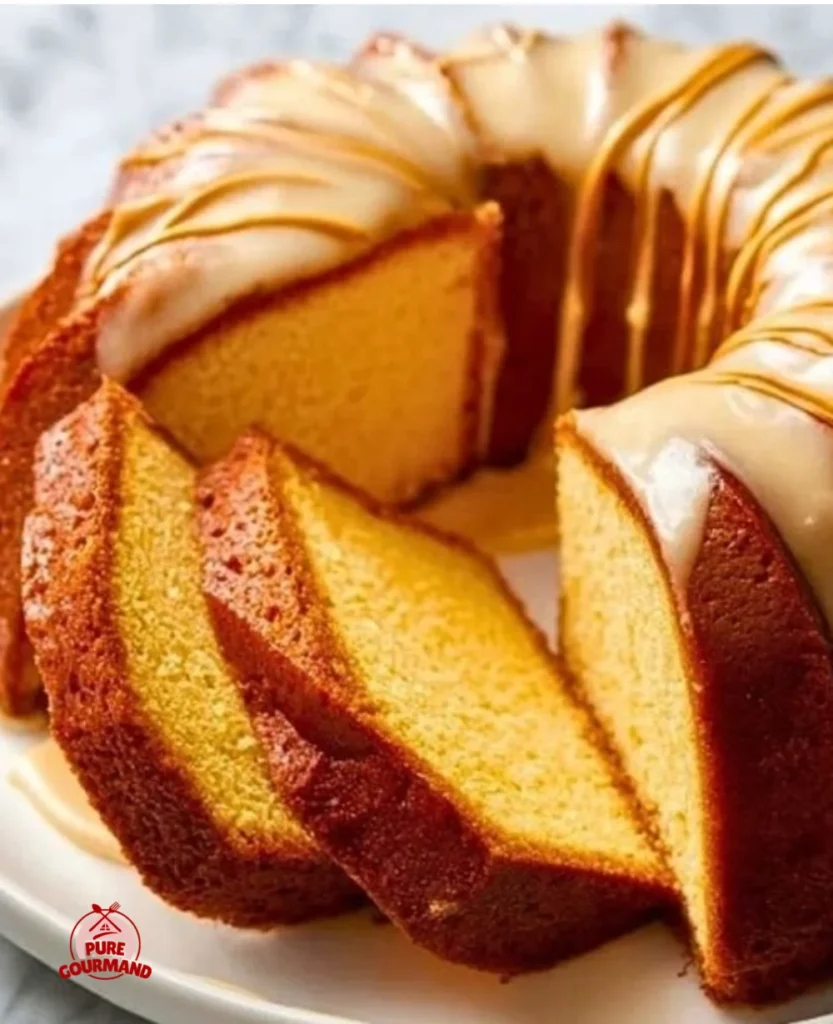 Sliced Eggnog Pound Cake with holiday decorations and festive spices.