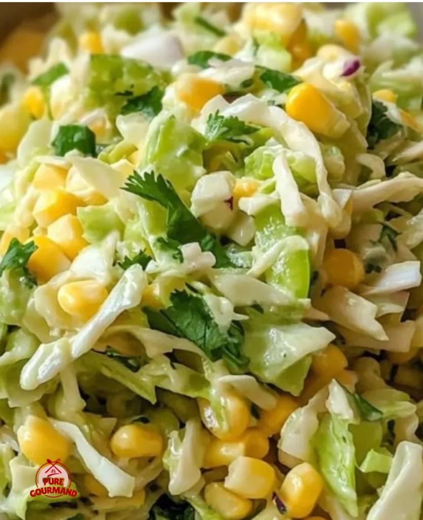 Fiery Crunch Jalapeño Corn Coleslaw served in a bowl with fresh ingredients.