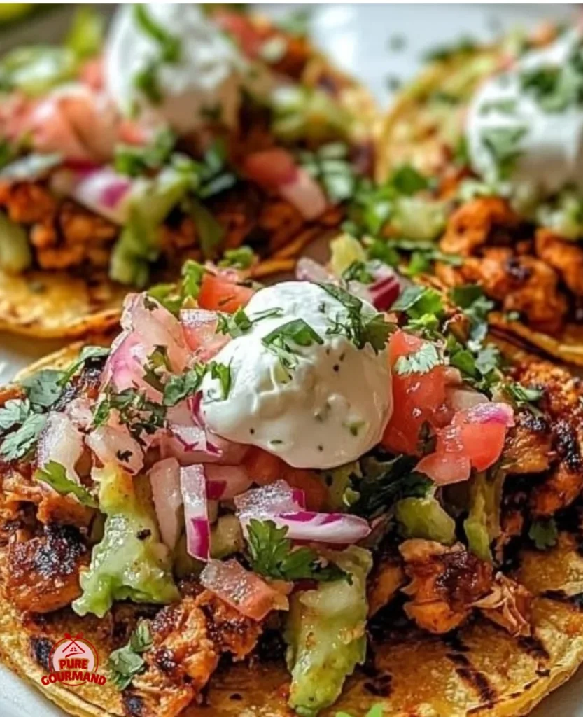 Delicious Fiery Grilled Mexican Chicken Tostadas topped with fresh ingredients
